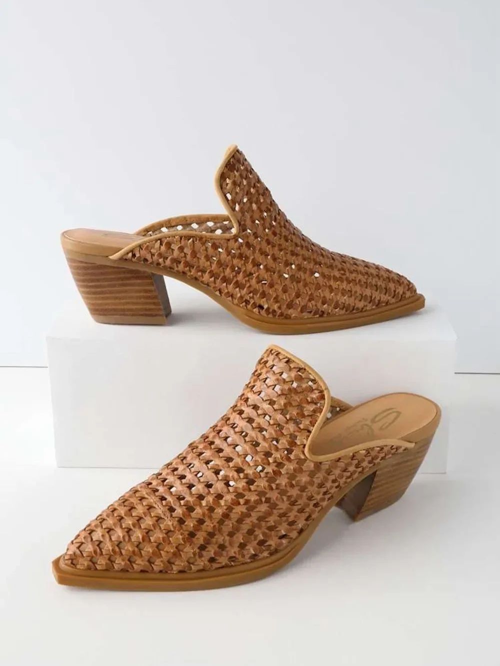 Mansion Tan Leather Woven Mules